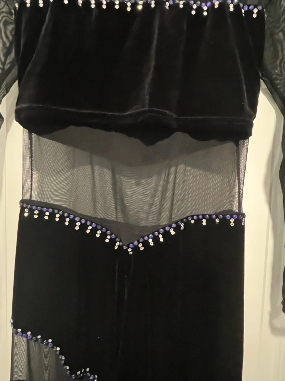 Custom Jazz Costume - Black Velvet Jumpsuit Trimmed in Purple Swarvoski Crystals